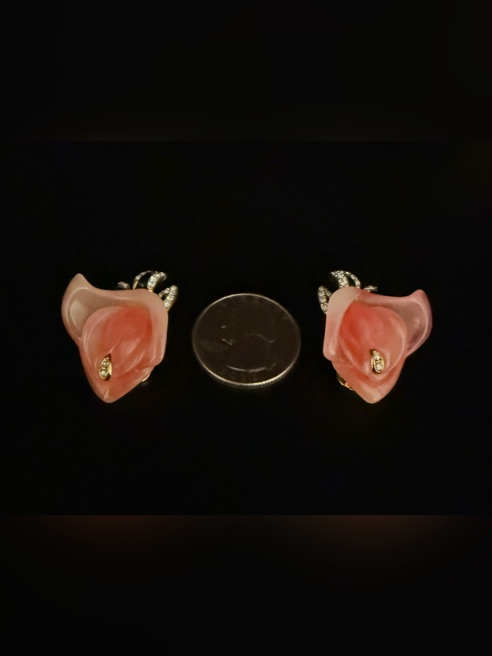 Kenneth Jay Lane Acrylic Peach Rosebud Earrings-Crystal Embellished Black Leaves - Picture 3 of 5